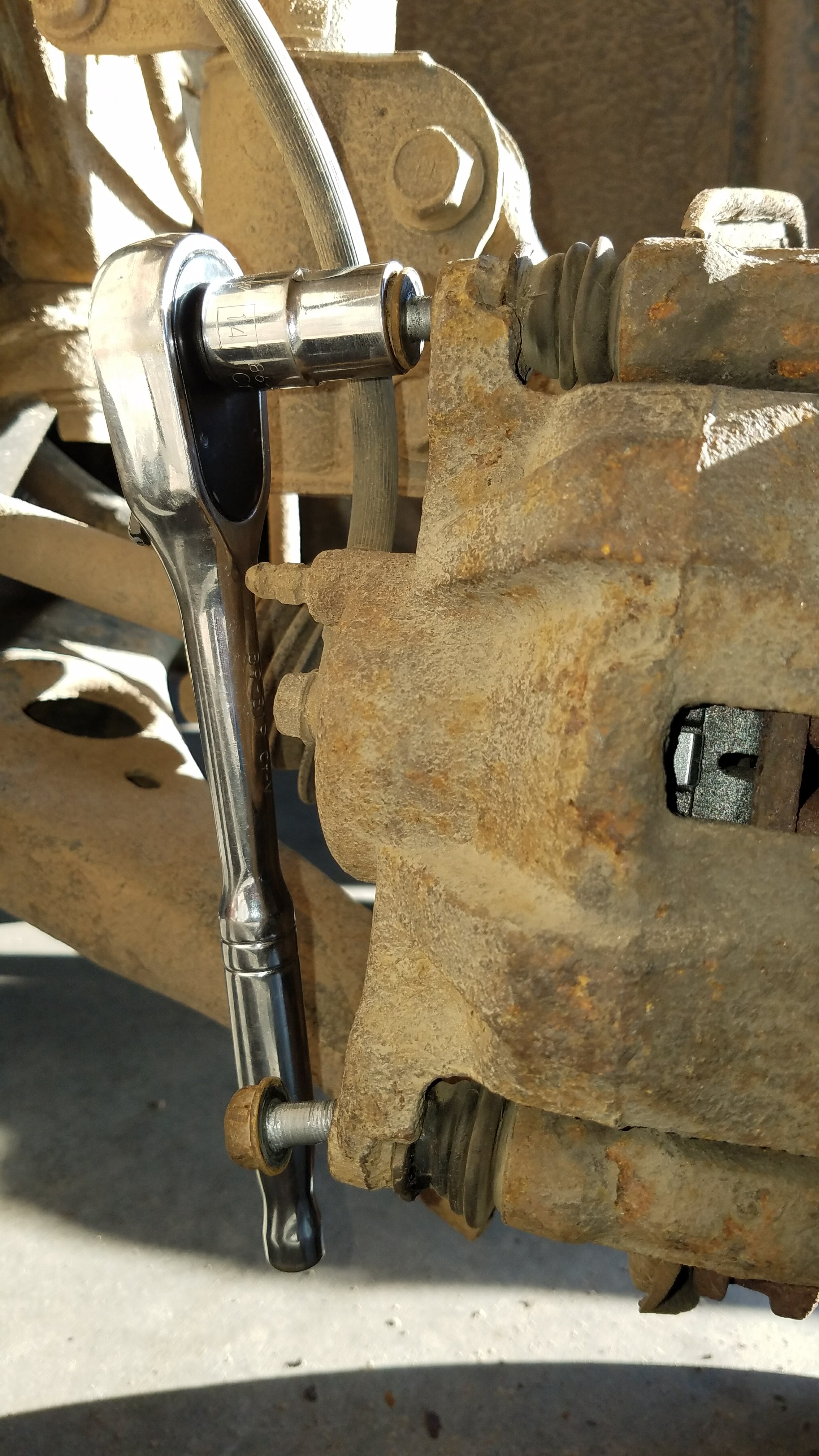 Remove the top caliper bolt.