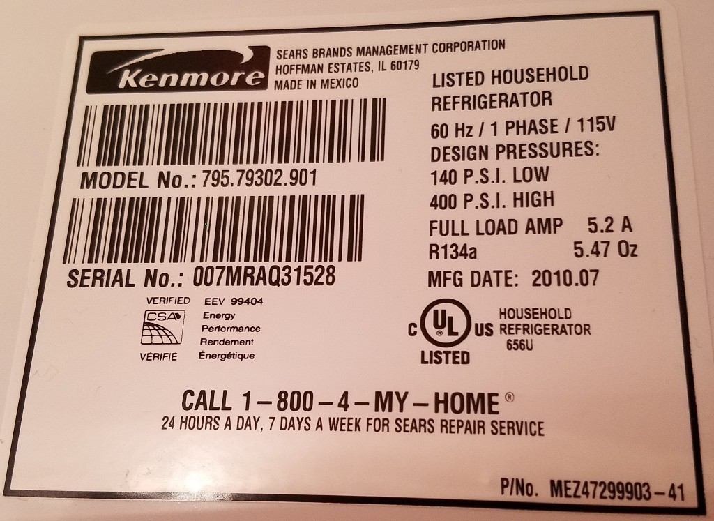 Kenmore Refrigerator Serial Number