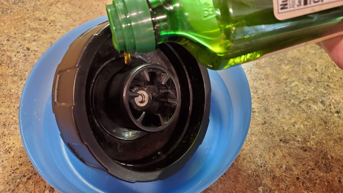 Olive oil around the shaft on the motor side is critical. Don't tip it over so that the oil runs out, keep it upside down.